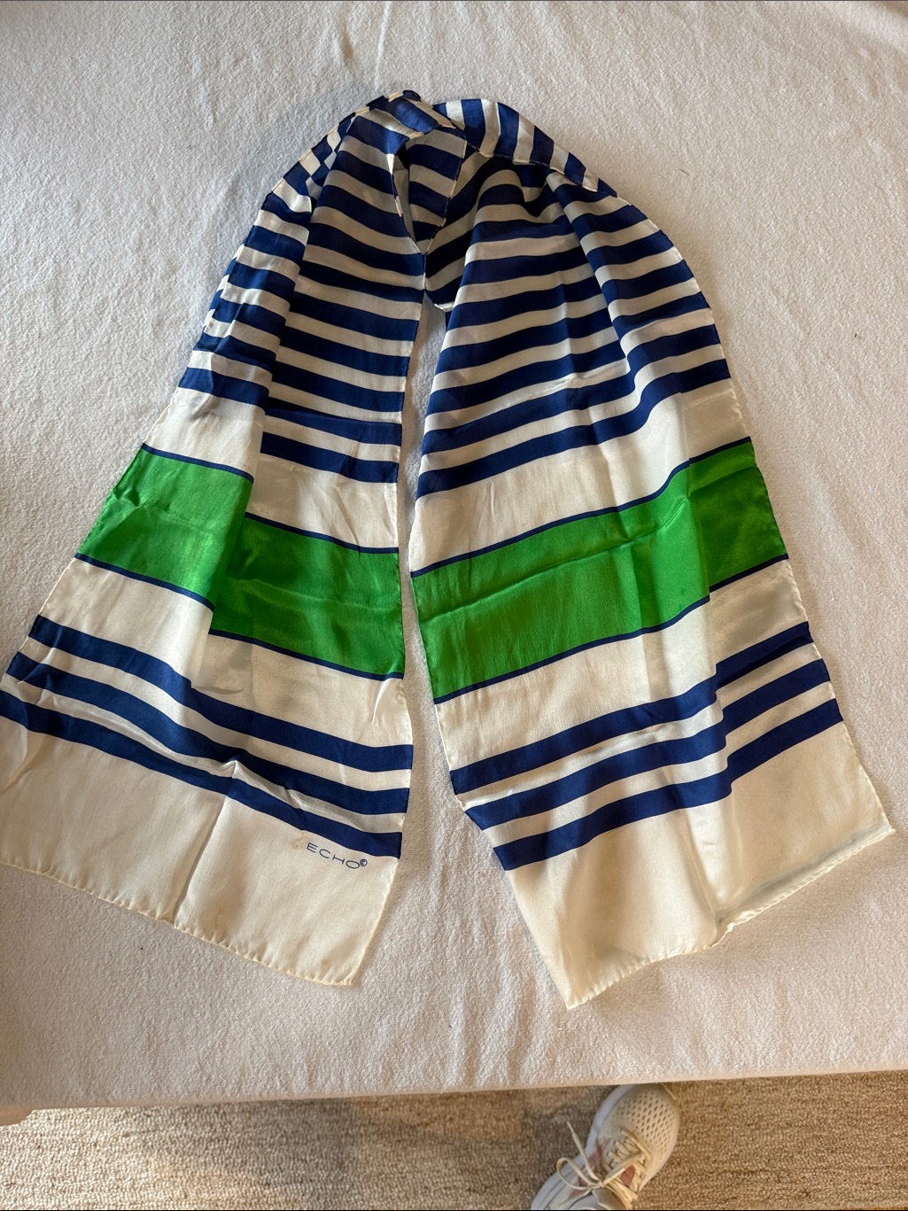 Echo Silk Stripe Scarf In Navy Green  White